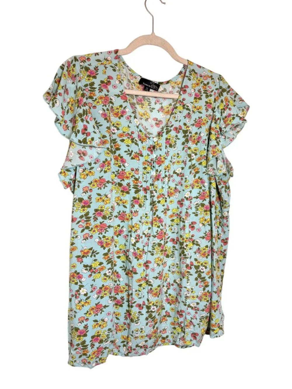 Suzanne Betro Blue Floral Boho Cottagecore Flutter Sleeve Blouse 3X - Picture 2 of 5